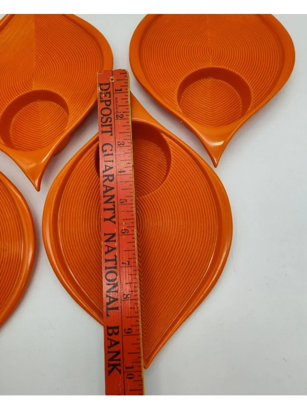 4 Vintage MCM Orange Snack Plates, Plastic Chip Dip Trays Atomic Kitchen Decor